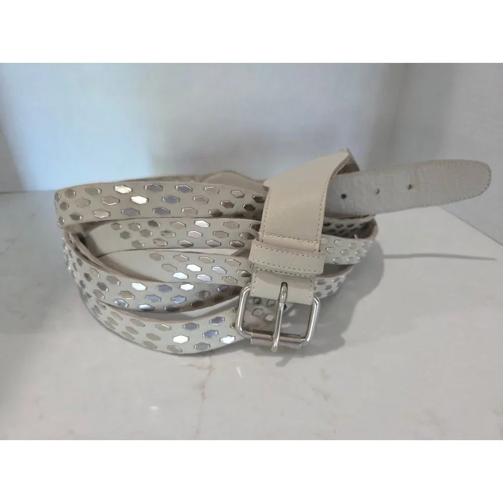 B-Low The Belt Studded Leather Wrap Belt Sz Large Ivory Silver‎ Accents Designer